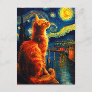Nachdenkliche Ingwerkatze Sternenhimmel Einladungspostkarte