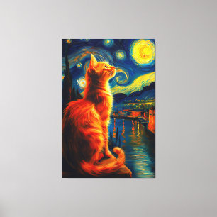 Nachdenkliche rote Katze Sternenhimmel Leinwanddruck