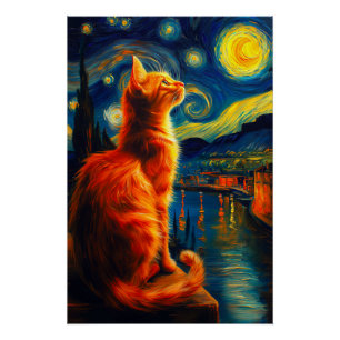 Nachdenkliche rote Katze   Sternenhimmel Poster