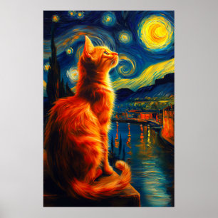 Nachdenkliche rote Katze   Sternenhimmel Poster