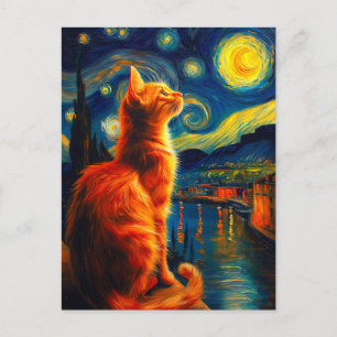 Nachdenkliche rote Katze Sternenhimmel Postkarte