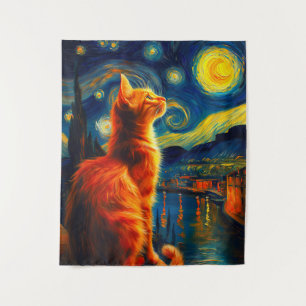 Nachdenkliche rote Katze   Sternenhimmel Wandteppich