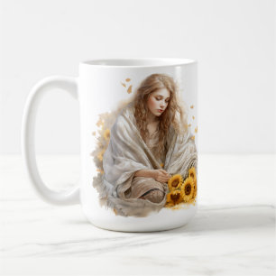 NACHDENKLICHES WATERCOLOR-FALL-MÄDCHEN MIT BLONDEN KAFFEETASSE