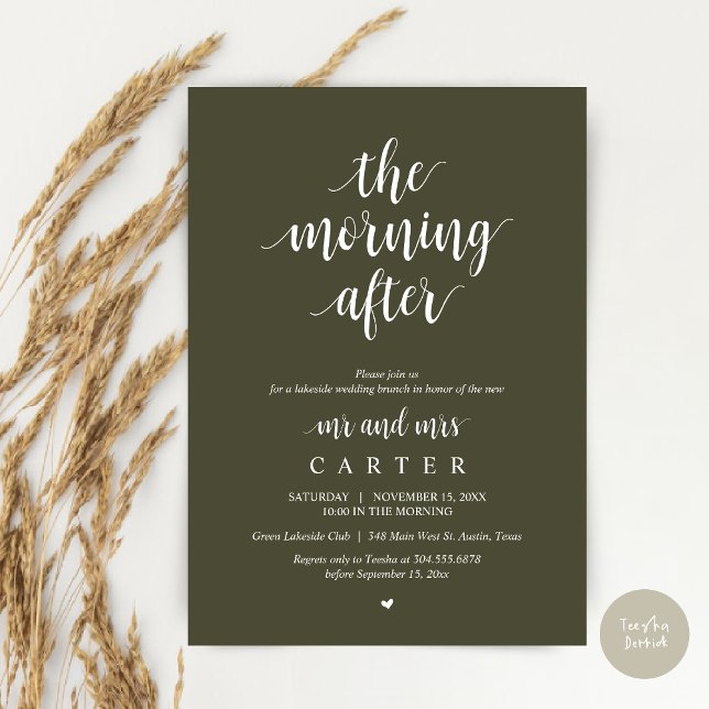 Nachmittags Hochzeitsfeier Einladung (The Morning After, Modern Post Wedding Brunch Celebration Invitation Card, PDF, in Olive Green)