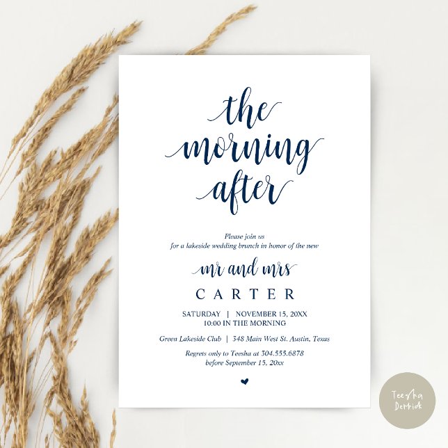 Nachmittags Hochzeitsfeier Einladung (The Morning After, Modern Post Wedding Brunch Celebration Invitation Card, PDF, in Navy Blue)