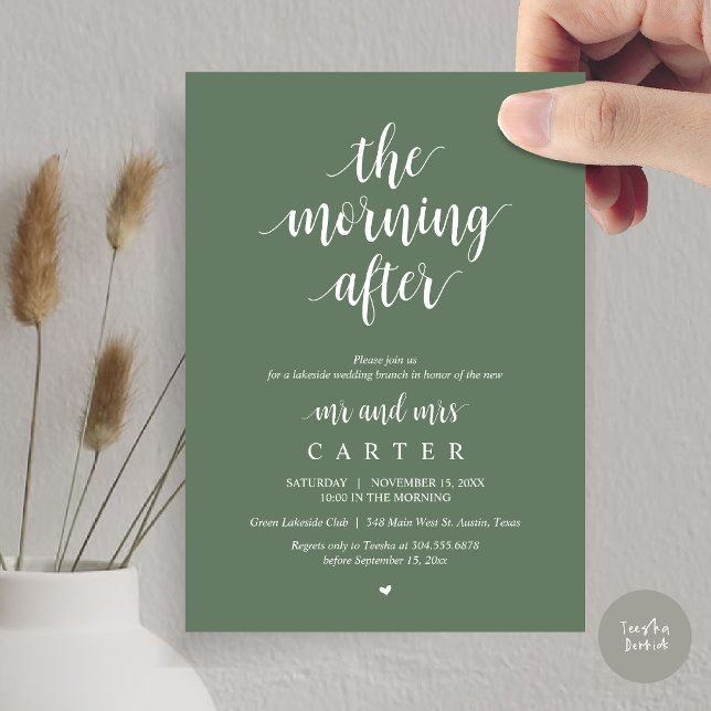 Nachmittags Hochzeitsfeier Einladung (The Morning After, Modern Post Wedding Brunch Celebration Invitation Card, PDF, in Forest Sage Green)