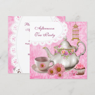 Nachmittags-Teeparty-Cupcake Rosa Blumen-Teekanne Einladung