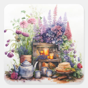 Nachmittagstee & Gartenarbeit Quadratischer Aufkleber