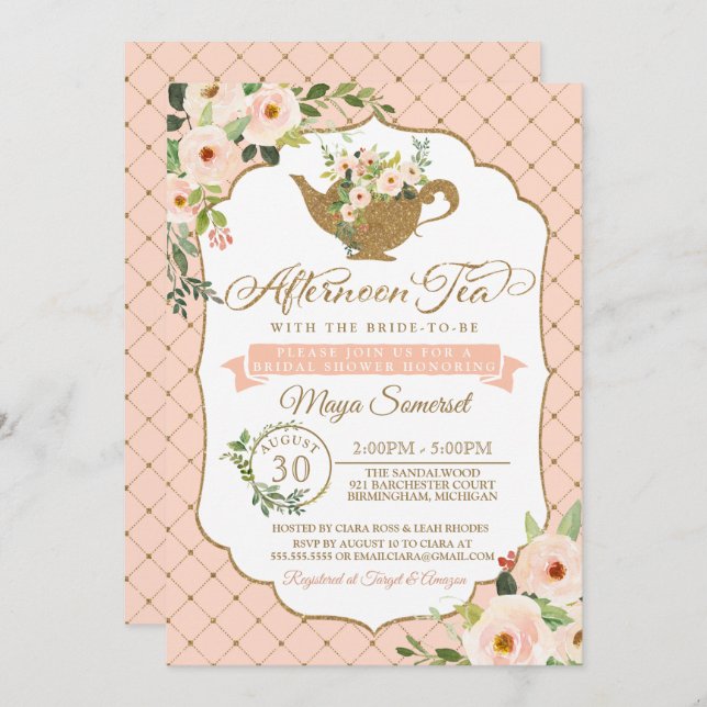 Nachmittagstee Luxus Blush Brautparty Einladung (Vorne/Hinten)