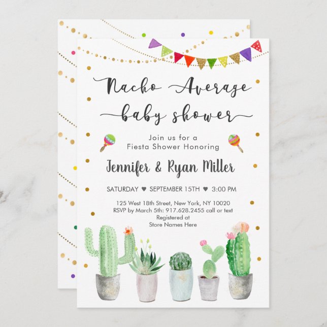 Nacho Average Baby Shower Gold Fiesta Cactus Einladung (Vorne/Hinten)
