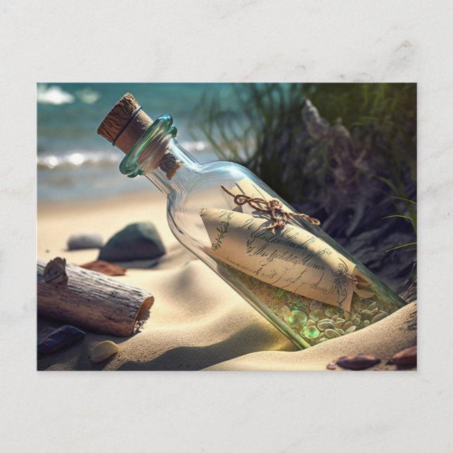 Nachricht in einer Flasche am Strand Postkarte (Vorderseite)