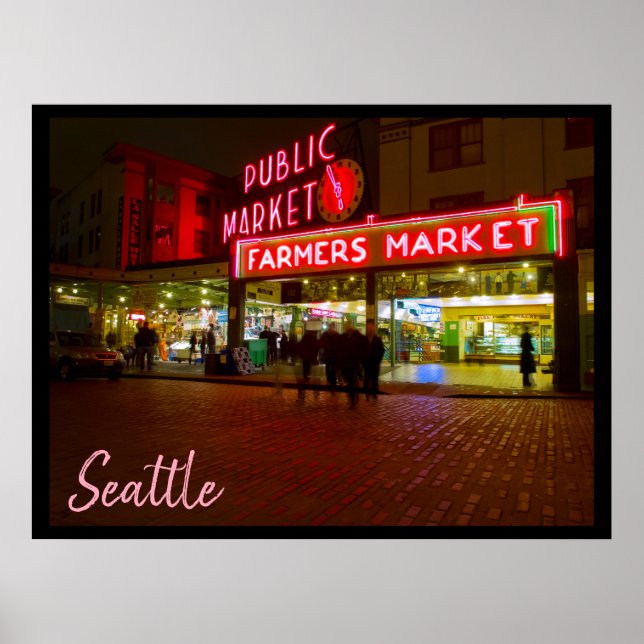 Nacht auf dem Seattle Public Market Poster (Vorne)