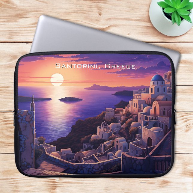 Nacht auf Santorini Island Malerei | Reisekunst Laptopschutzhülle (Night at Santorini Island Painting | Travel Art Laptop Sleeve)