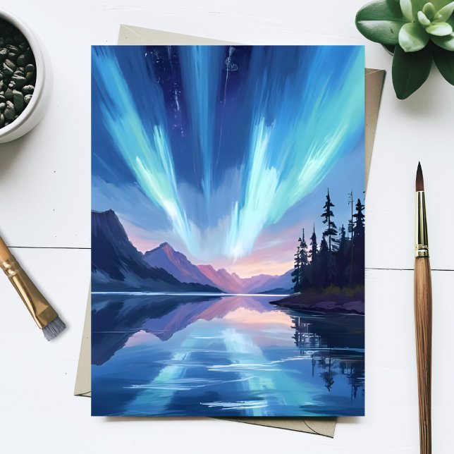 Nacht Himmel mit Nordlichtern auf dem See reflekti Postkarte (Von Creator hochgeladen)