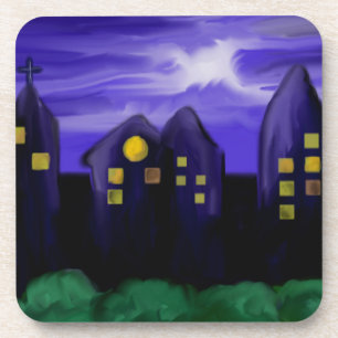 Nacht-Himmel-Stadt-Wolkenkratzer-Leinwandkunst Untersetzer