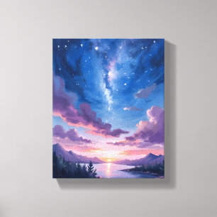 Nacht Himmel   Sternsee Lila Aquarell Leinwanddruck