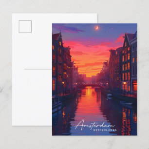 Nacht in Amsterdam Niederlande Reisen Postkarte