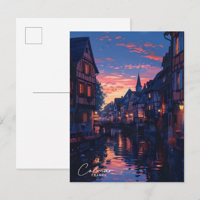 Nacht in Colmar Frankreich Vintage Travel Postkarte (Vorne/Hinten)