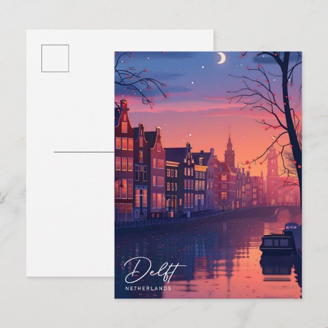 Nacht in Delft Netherlands Vintage Travel Postkarte (Vorne/Hinten)