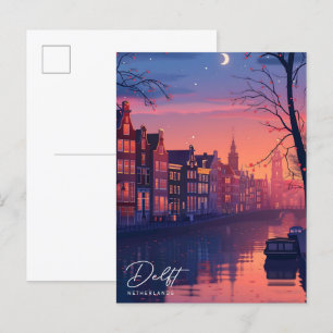 Nacht in Delft Niederlande Vintage Reise Postkarte