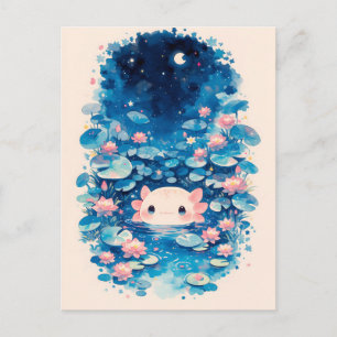 Nacht-Lilien-Aquarell Rosa Axolotl-Illustration Postkarte