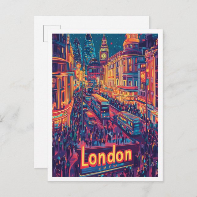 Nacht London England Vintage Travel Illustration Postkarte (Vorne/Hinten)
