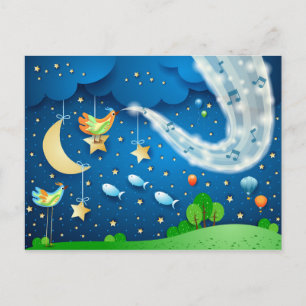 Nacht mit Musik und Vögeln Postkarte