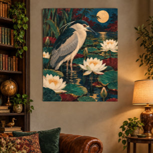 Nacht Reiher unter Lilien Kunstprint Poster