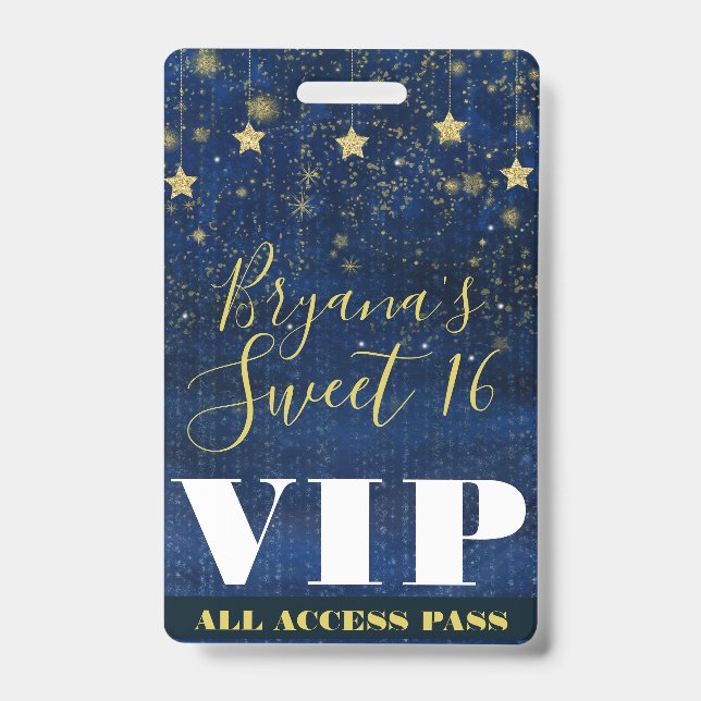 Nacht unter dem Stars Gold Blue Sweet 16 VIP Pass Ausweis (Vorderseite)