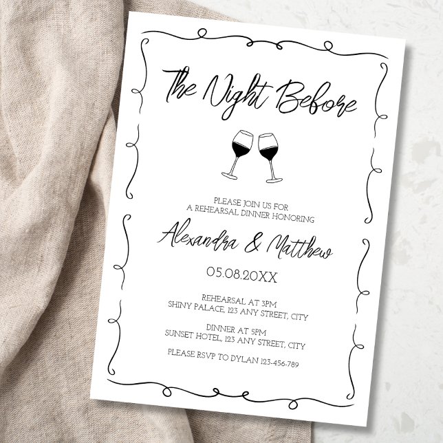 Nacht vor Whimsical Probe Abendessen Einladung (the night before rehearsal dinner invitation hand lettered hand drawn scribbled elegant black white)