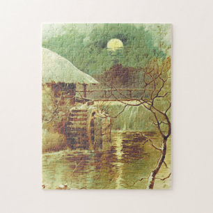 Nacht-Wasserrad, Mond, Wasserfall-Szene-Puzzle Puzzle