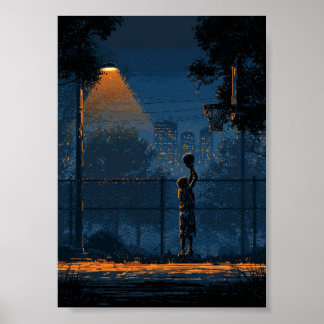 Nachtbasketballspieler unter Straßenlaterne Poster