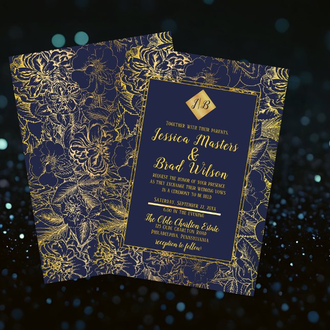 Nachtblau | Vintage Blumenhochzeit Einladung (Dark Blue Faux Gold Foil Look Vintage Floral Wedding Monogram Invitation)