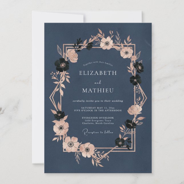 Nachtblaue opulente Abendhochzeit Einladung (Vorderseite)