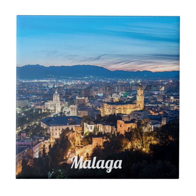 Nachtblick auf die Kathedrale von Malaga, Spanien Fliese (Vorderseite)