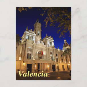 Nachtblick auf Plaza Ayuntamiento, Valencia, Spani Postkarte
