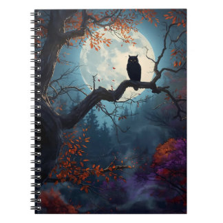 Nachteule im Herbstbaum unter Vollmond Notizblock