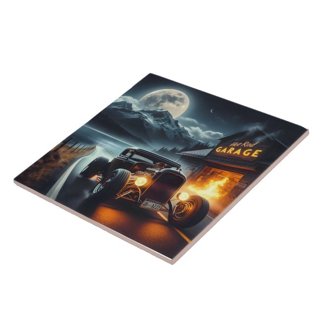 Nachtfahrt im klassischen frisierte Auto Fliese (Seite)