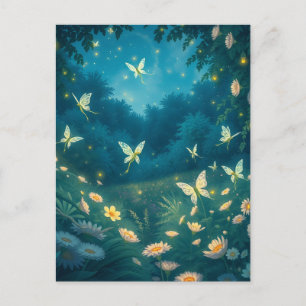 Nachtgarten mit Blumen und Glühwürmchen Postkarte