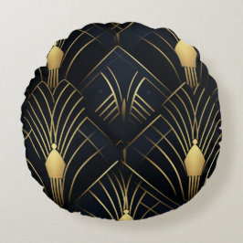 Nachtglanz - Gold und Schwarz Art Deco Rundes Kissen