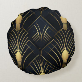 Nachtglanz - Gold und Schwarz Art Deco Rundes Kissen