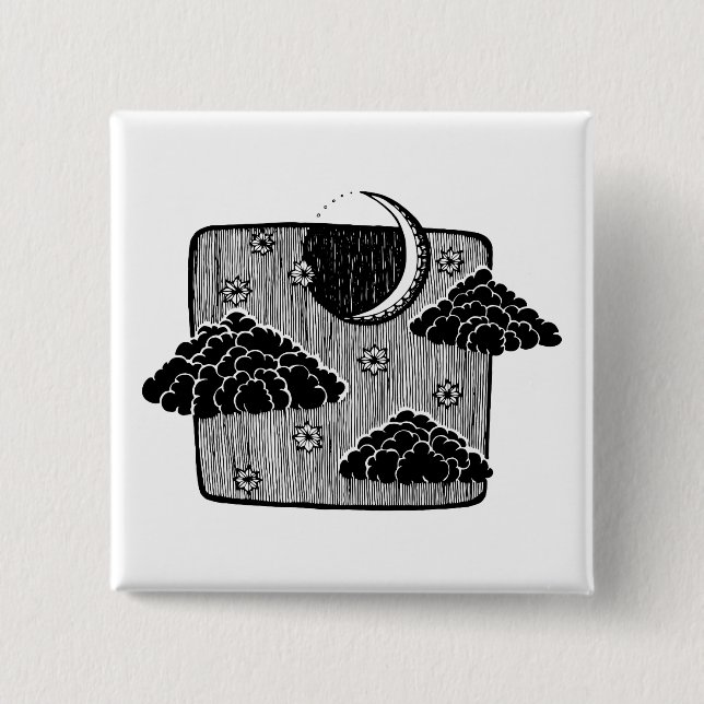 Nachthimmel Halbmond Wolken Handgezeichnete Illust Button (Vorderseite)