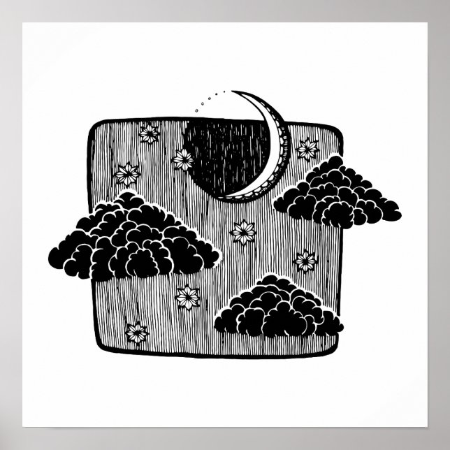 Nachthimmel Halbmond Wolken Handgezeichnete Illust Poster (Vorne)