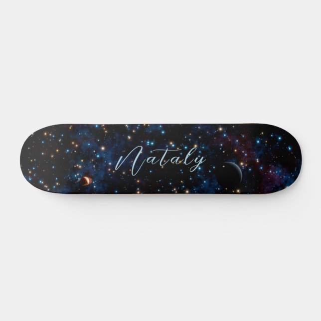 Nachthimmel mit Sternen und Planeten personalisier Skateboard (Horizontal)