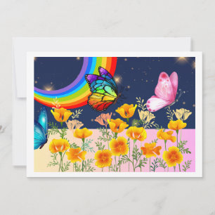 Nachthimmel, Regenbogen, Schmetterlinge und Blume Feiertagskarte