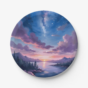 Nachthimmel   Sternensee Lila Aquarell Pappteller