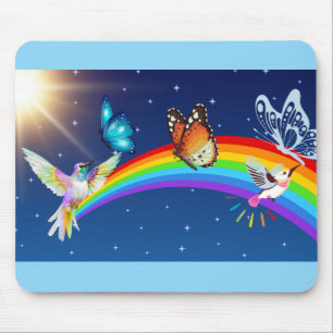 Nachthimmel, zwei Vögel, Schmetterlinge und ein Re Mousepad