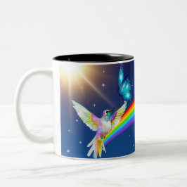 Nachthimmel, zwei Vögel, Schmetterlinge und ein Re Zweifarbige Tasse