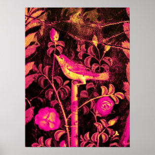 NACHTIGALL MIT ROSEN, Rosa Fuchsie Schwarz Gelb Poster