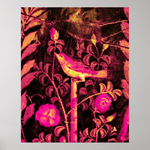 NACHTIGALL MIT ROSEN, Rosa Fuchsie Schwarz Gelb Poster